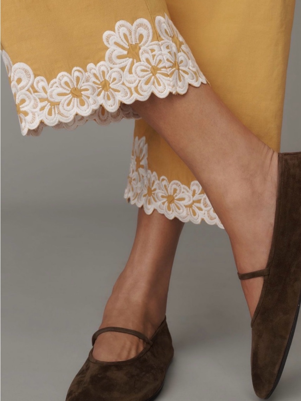 Anthropologie Maeve Colette yellow Wide-Leg Pants w/ White embroidery- size 27 - Picture 3 of 8